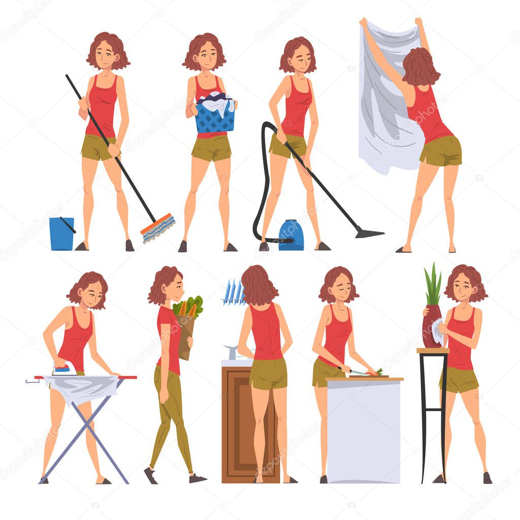 Housewife Character Household Activities Collection, Young Woman Cleaning, Vacuuming, Washing, Doing Shopping, Housekeeping, Everyday Duties and Chores Cartoon Vector Illustration