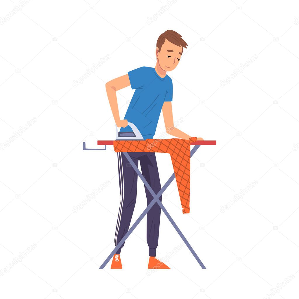 Man Ironing Clothes on Iron Board, Household Activity, Housekeeping, Everyday Duties and Chores Cartoon Vector Illustration