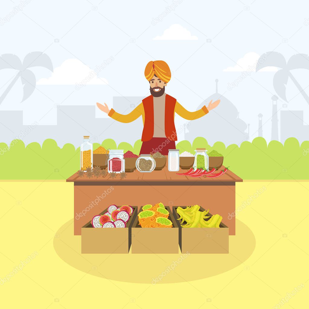Indian Man Selling Spices and Fruits at Marketplace Vector Illustration