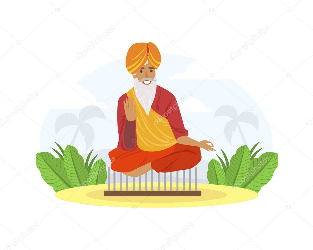 Indian Yogi Sitting on Board with Nails in Lotus Position Vector Illustration