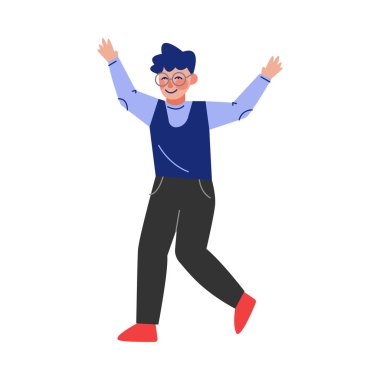 Genç Çocuk Neşeli Zıplayan, Heyecanlı Öğrenci Çocuk Eğlenceli Vektör Resmini Çekiyor