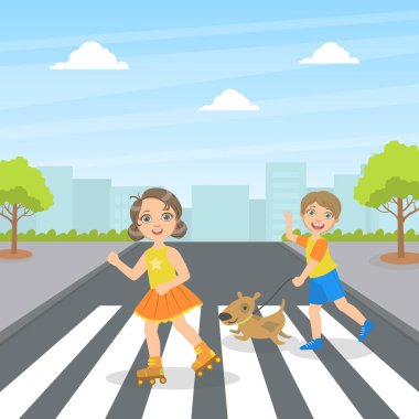 Caddeye Çapraz Yürüyüş Yapan Şirin Çocuklar ve Köpek Sokakta Yürüyen Vektör İllüzyonu