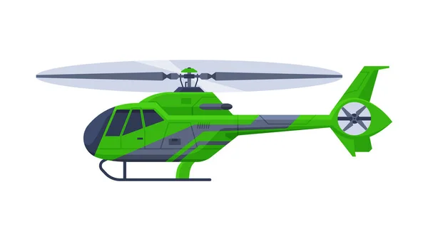 Aeromobile verde dell'elicottero, illustrazione piatta del vettore del veicolo verde volante del elicottero — Vettoriale Stock