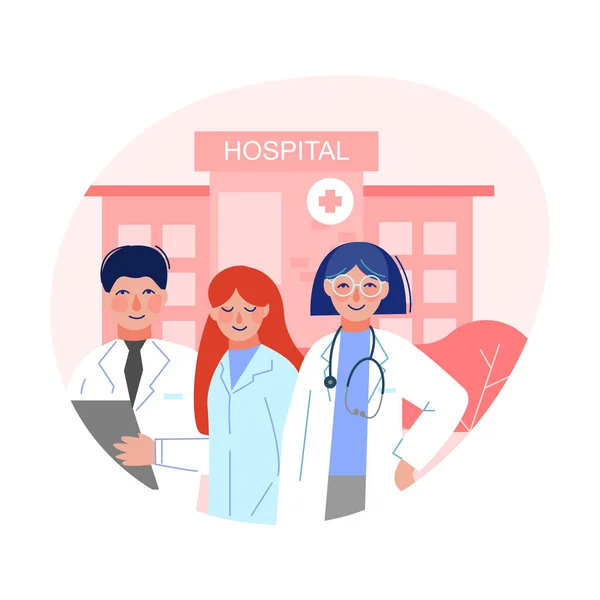 Χαρούμενα γιατροί στέκεται μπροστά από το κτίριο του νοσοκομείου, το ιατρικό προσωπικό επίπεδη διανυσματική απεικόνιση — Διανυσματικό Αρχείο