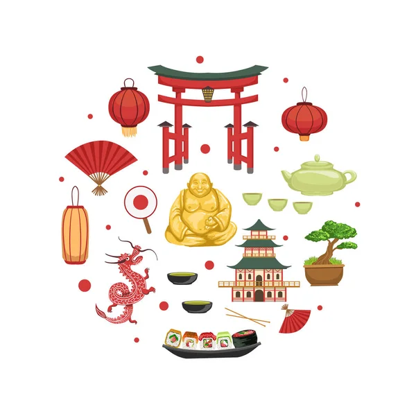 Símbolos do Japão, sinais culturais tradicionais, marcos e alimentos de forma redonda Ilustração vetorial — Vetor de Stock