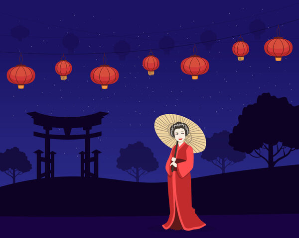 Beautiful Japanese Girl in Red Traditional Kimono Dress Standing on Background of Night Landscape Vector Illustration