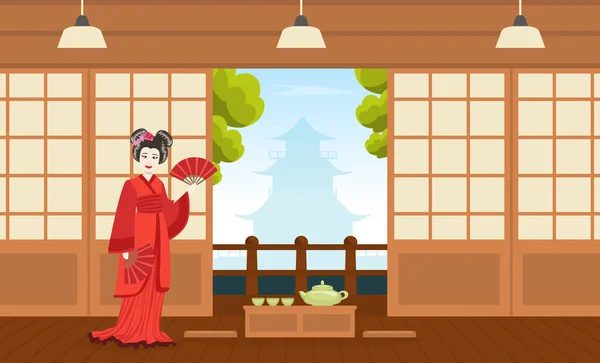 Japán lány piros Kimono Dress Állva a háttér a hagyományos japán belső — Stock Vector
