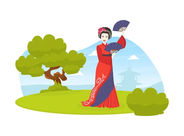Gyönyörű japán lány hagyományos Kimono ruha és ventilátor álló nyári táj vektor illusztráció — Stock Vector