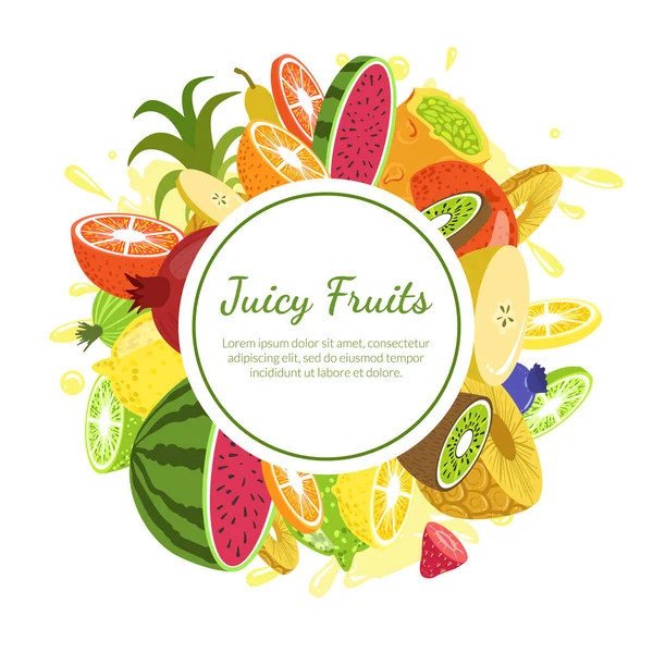 Juicy Fruits Banner Template, Fresh Bright Splashing Fruit and Berries of Round Shape with Space for Text Vector Illustration — Stock Vector