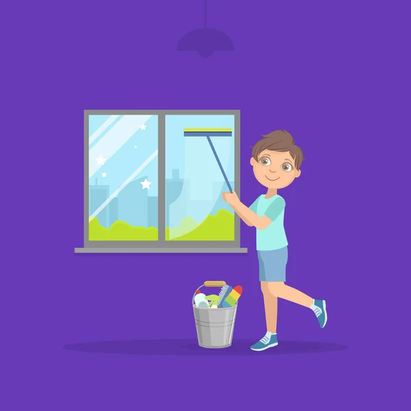 Cute Boy Cleaning Window with Squeegee, Child Doing Household Chores Flat Vector Illustration — Stock Vector