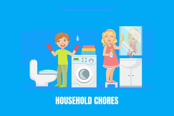 Household Chores, Cute Boy and Girl Cleaning Bathroom and Toilet with Brush, Children Doing Housework, Lavatory Room Interector Illustration - Stok Vektor