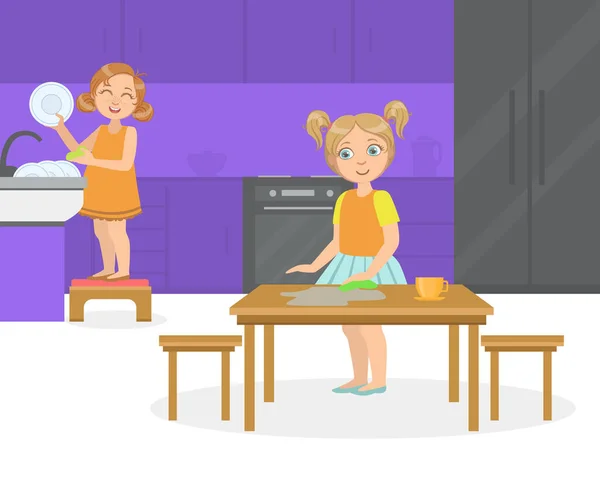 Meninas bonitos lavar pratos e chicotadas mesa de jantar, crianças fazendo doméstico Chores Vector Ilustração —  Vetores de Stock