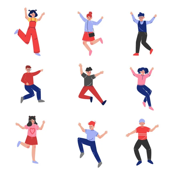 Glimlachen tiener jongens en meisjes gelukkig springen collectie, emotioneel school kinderen hebben plezier vector illustratie — Stockvector