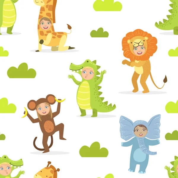 Lindos niños en trajes de animales africanos Patrón sin costuras, Fiesta de cumpleaños, ilustración de vectores de elemento de diseño de mascarada — Vector de stock