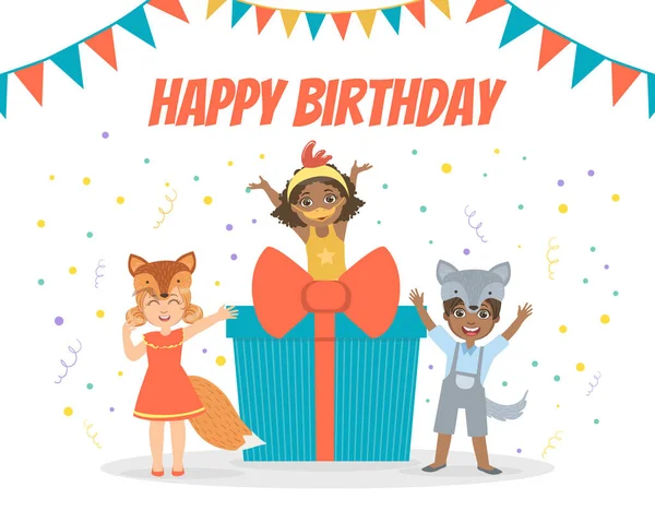 Banner de cumpleaños feliz, Tarjeta de invitación festiva, Cartel, Fondo con niños lindos en trajes de animales Vector Ilustración — Archivo Imágenes Vectoriales