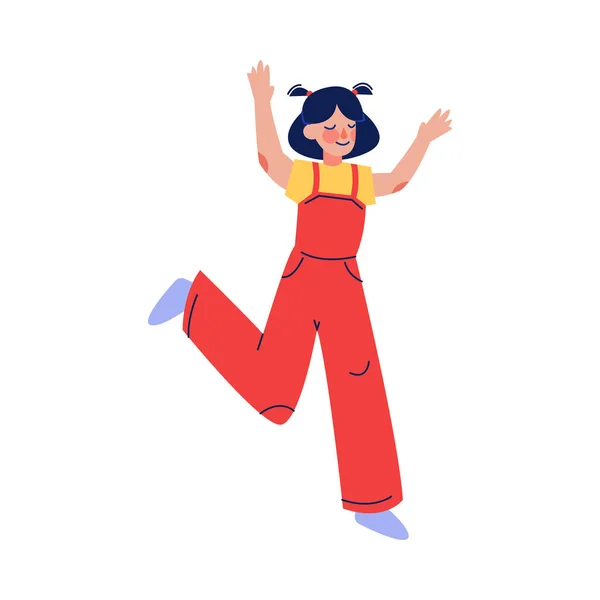 Девочка-подросток в красном комбинезоне с радостью прыгает, взволнованная школьница с веселой векторной иллюстрацией — стоковый вектор