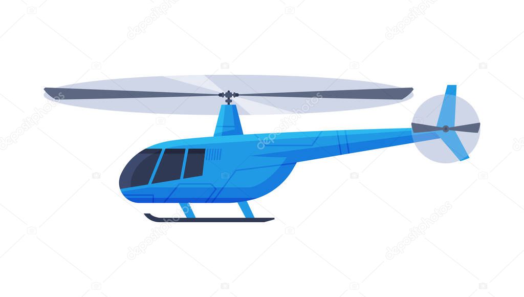 Helicopter Aircraft, Flying Blue Chopper Air Transportation Flat Vector Illustration