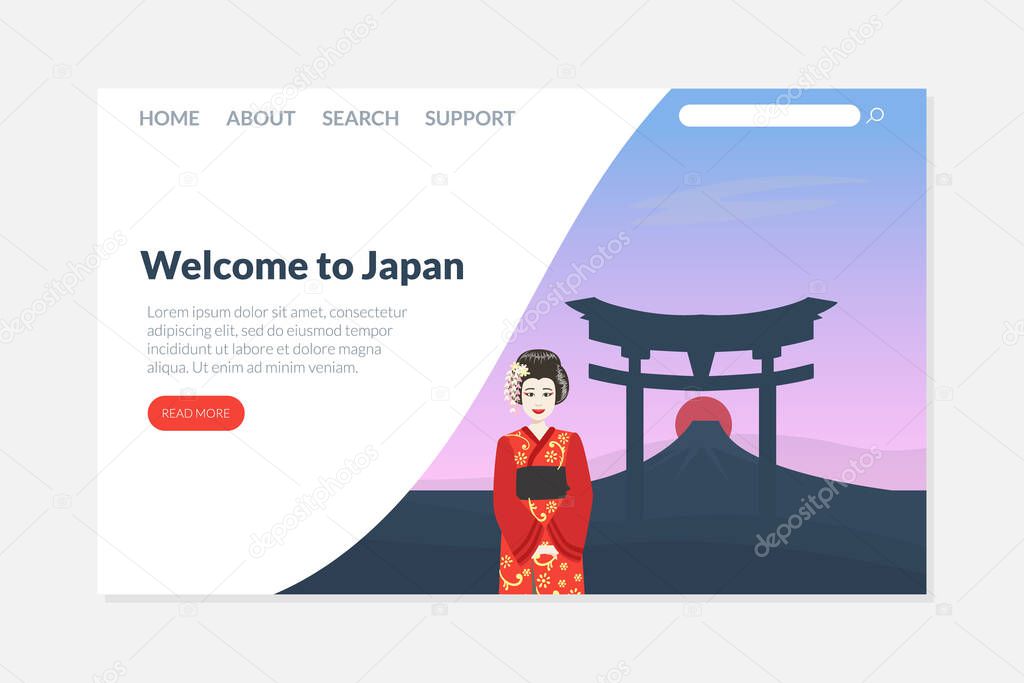 Welcome to Japan Landing Page Template, Travel Agency, Tour Online Vector Illustration