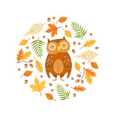 Sonbahar Ormanı Yuvarlak Şeklinin Kusursuz Şablonu, Renkli Sonbahar Yaprakları ve Şirin Baykuş Çizgi Filmi Vektör Çizimi