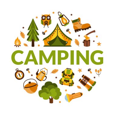 Round Shape Yürüyüş Ekipmanları ile Kamp Şablonu, Yaz Maceraları, Dağcılık, Doğa Çizgi Filmi Vektör İllüstrasyonu