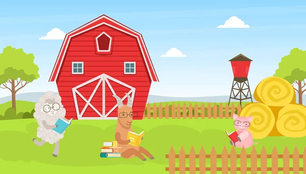 緑のフィールドと美しい夏の農村風景,赤い納屋と農場人間化動物読書漫画ベクトルイラスト — ストックベクタ