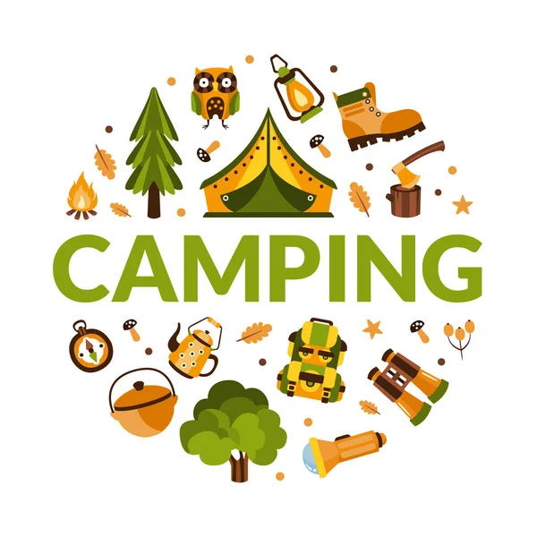 Round Shape Yürüyüş Ekipmanları ile Kamp Şablonu, Yaz Maceraları, Dağcılık, Doğa Çizgi Filmi Vektör İllüstrasyonu