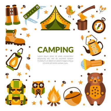 Kamp Sancak Şablonu: Yürüyüş Malzemeleri, Yaz Maceraları, Dağcılık, Yürüyüş, Doğa Vektörü İllüstrasyonuna Yolculuk