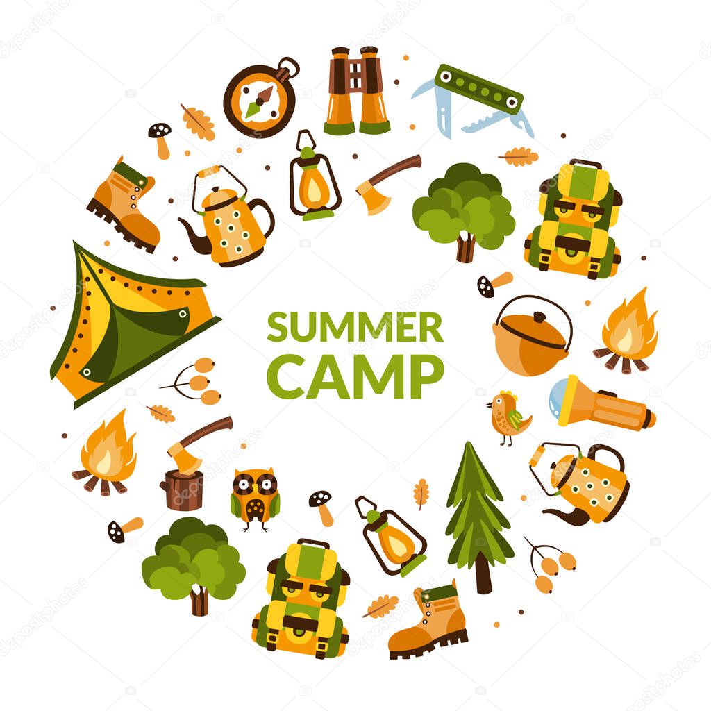 Summer Camp Banner Template with Hiking Equipment of Round Shape, Camping, Mountaineering, Hiking, Trekking on Nature Cartoon Vector Illustration