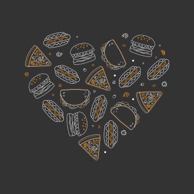 Fast Food Banner Şablonu, Junk Food od Heart Shape, Restoran veya Cafe Menü Tasarım Çizgisel Vektör Çizimi