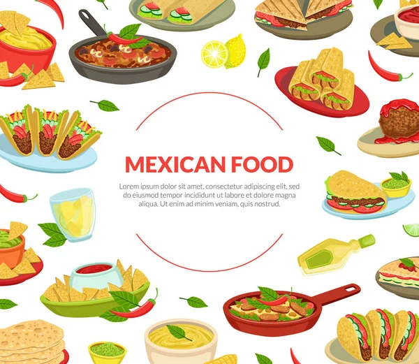 Mexican Food Banner with Traditional Mexican Cuisine Dishes and Space for Text, Takeaway Meal, Restaurant or Cafe Design Vector Illustration — 스톡 벡터