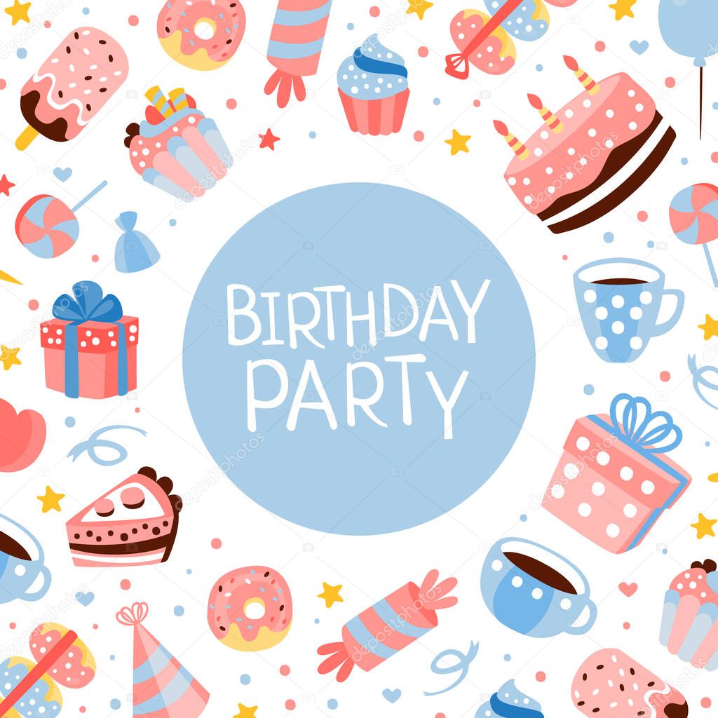 Birthday Party Banner Template with Sweets and Desserts Seamless Pattern Cartoon Vector Illustration