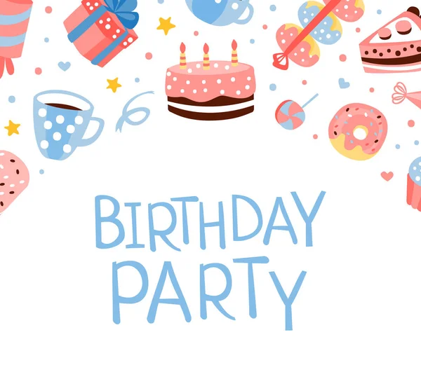 Modelo de banner de festa de aniversário com doces bonitos e sobremesas padrão sem costura, Design de férias infantil Cartoon Vector Ilustração — Vetor de Stock