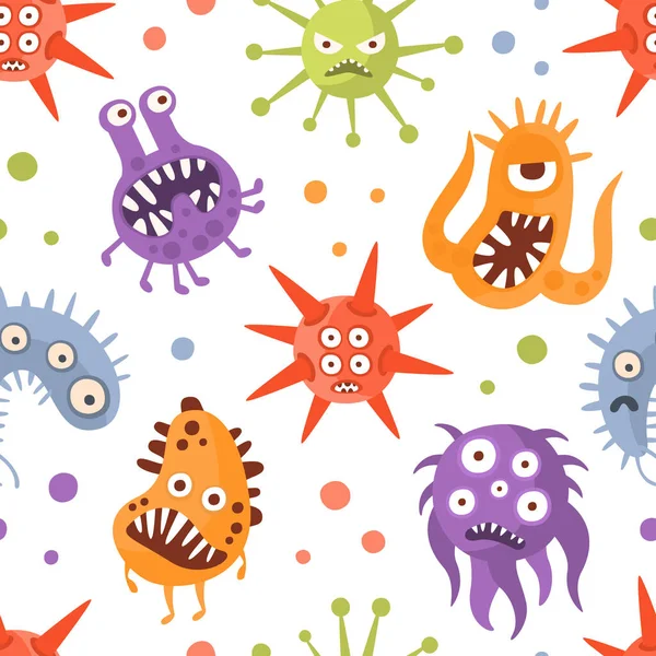 Various Microorganisms Seamless Pattern, Germs, Viruses and Microbes Characters, Design Element Can Be Used for Wallpaper, Packaging, Background Cartoon Vector Illustration — Stock Vector