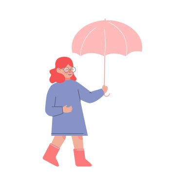 Şemsiyeli Şirin Kız Yürüyüşü Yağmurluk ve Çizme Giyiyor, Yağmur Vektörü Resimlerinin Altında Duran Çocuk