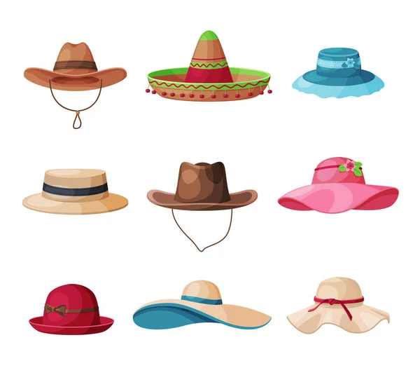Yaz Şapkaları Koleksiyonu, Hasır ve Tekstil Başlıkları Erkekler ve Kadınlar için, Klasik Başlık Vektörü İllüstrasyonu — Stok Vektör