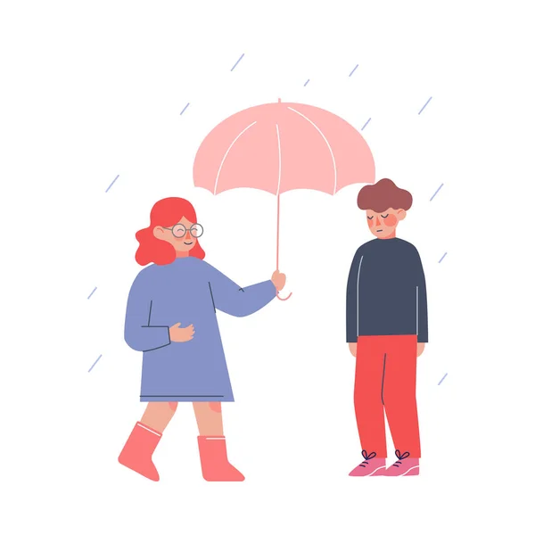 Cute Girl Holding Umbrella Over Boy in Rainy Weather, Polite and Kind Kids, Good Manners Concept Vector Illustration - Stok Vektor