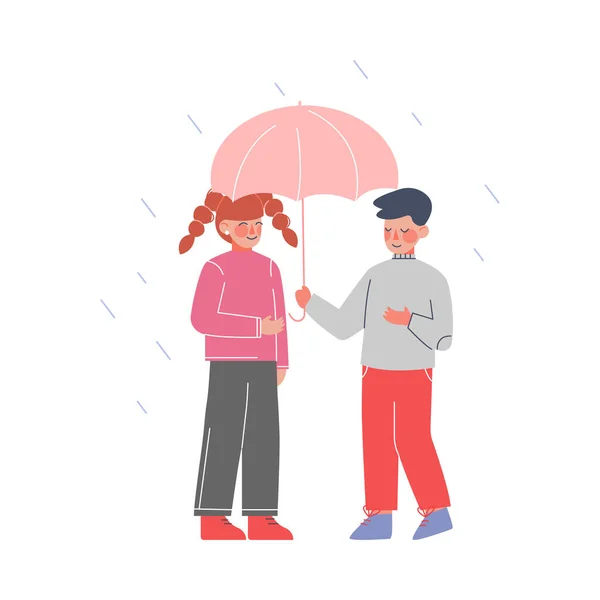 Милий хлопчик тримає парасольку над дівчиною в дощову погоду, ввічливих і добрих дітей, концепція добрих манер Векторні ілюстрації — стоковий вектор