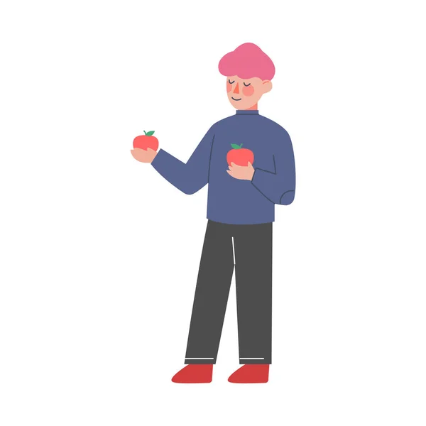Милий маленький хлопчик стоїть і тримає два червоних яблука, ділиться яблуками зі своїм другом Векторні ілюстрації — стоковий вектор