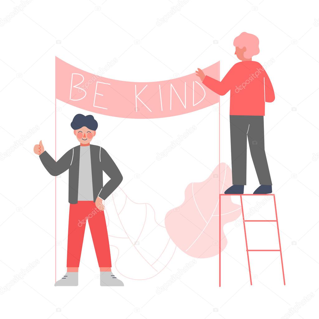 Two Cute Boys Hanging Poster with Be Kind Inscriptions, Good Manners Concept Vector Illustration
