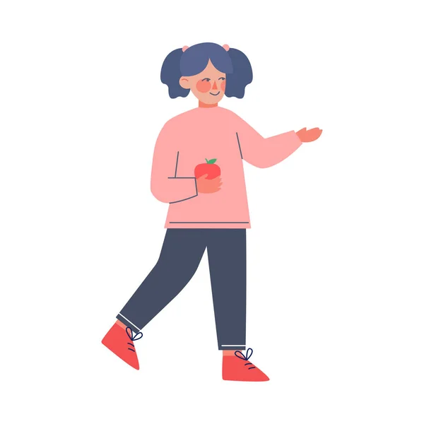 Schattig klein meisje Holding rode appel terwijl wandelen vector illustratie — Stockvector
