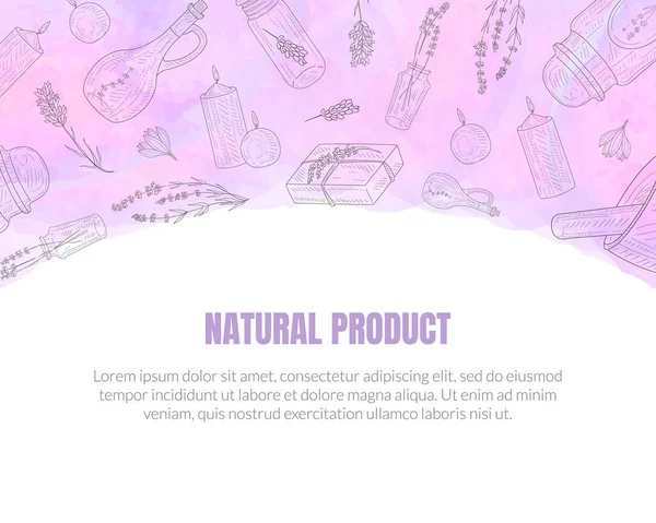 Natural Product Banner Template with Lavender Flowers, Perfumes and Cosmetics Natural Ingredients Vector Illustration — Stock Vector