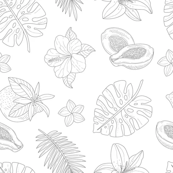 Tropical Plants and Flowers Seamless Pattern, Hand Drawn Design Element Can Be Used for Fabric, Wallpaper, Packaging, Web Page Vector Illustration — Stock Vector