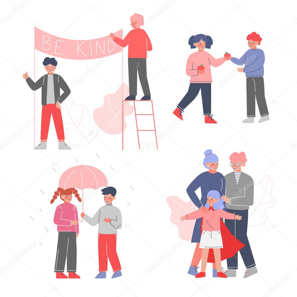 Polite and Kind Kids Set, Children Sharing with their Friends, Protecting Each Other and Their Family, Good Manners Concept Vector Illustration