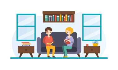 Genç Adam ve Kadın Koltukta Oturarak Kitap Okuyor, Ev Kütüphanesi Daire İçi Düz Vektör İllüzyonu