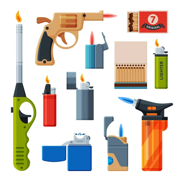 Collection of Cigarette and Kitchen Lighters, Matchboxes with Matches, Flammable Smoking, Bonfire, Stove Equipment Vector Illustration — Stock Vector