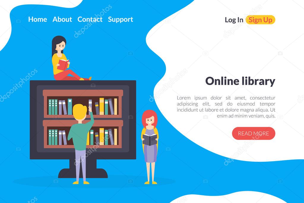 Online Library Electronic Landing Page Template, Internet Bookstore, Computer with Bookshelves on the Screen Flat Vector Illustration