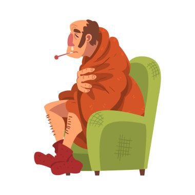 Sick Man Sitting on Armchair Wrapped in Plaid, Guy with Flu Wearing Knitted Socks Measuring Temperature with Thermometer Cartoon Vector Illustration clipart