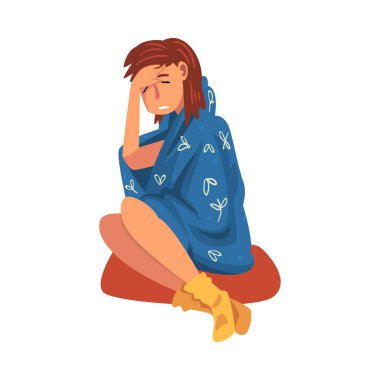 Ekoseye Sarılı Hasta Genç Kadın Grip Olan Kız Baş Ağrısı Çizgi Filmi Vektör İllüzyonu