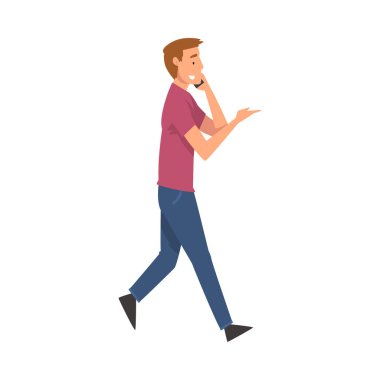 Yürürken, Dijital Gadget Vektör Resmini Kullanırken Akıllı Telefonla Konuşan Genç Adam