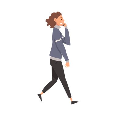 Gülümseyen Öğrenci Kız Akıllı Telefonla Konuşuyor, Kız Dijital Gadget Vektör Resmini Kullanıyor